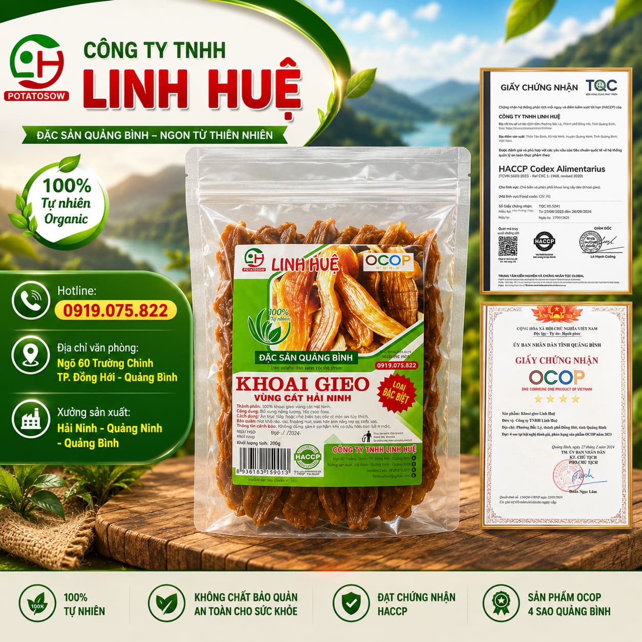Khoai deo Linh Huệ túi zip, đặc sản Quảng Bình chứng nhận OCOP